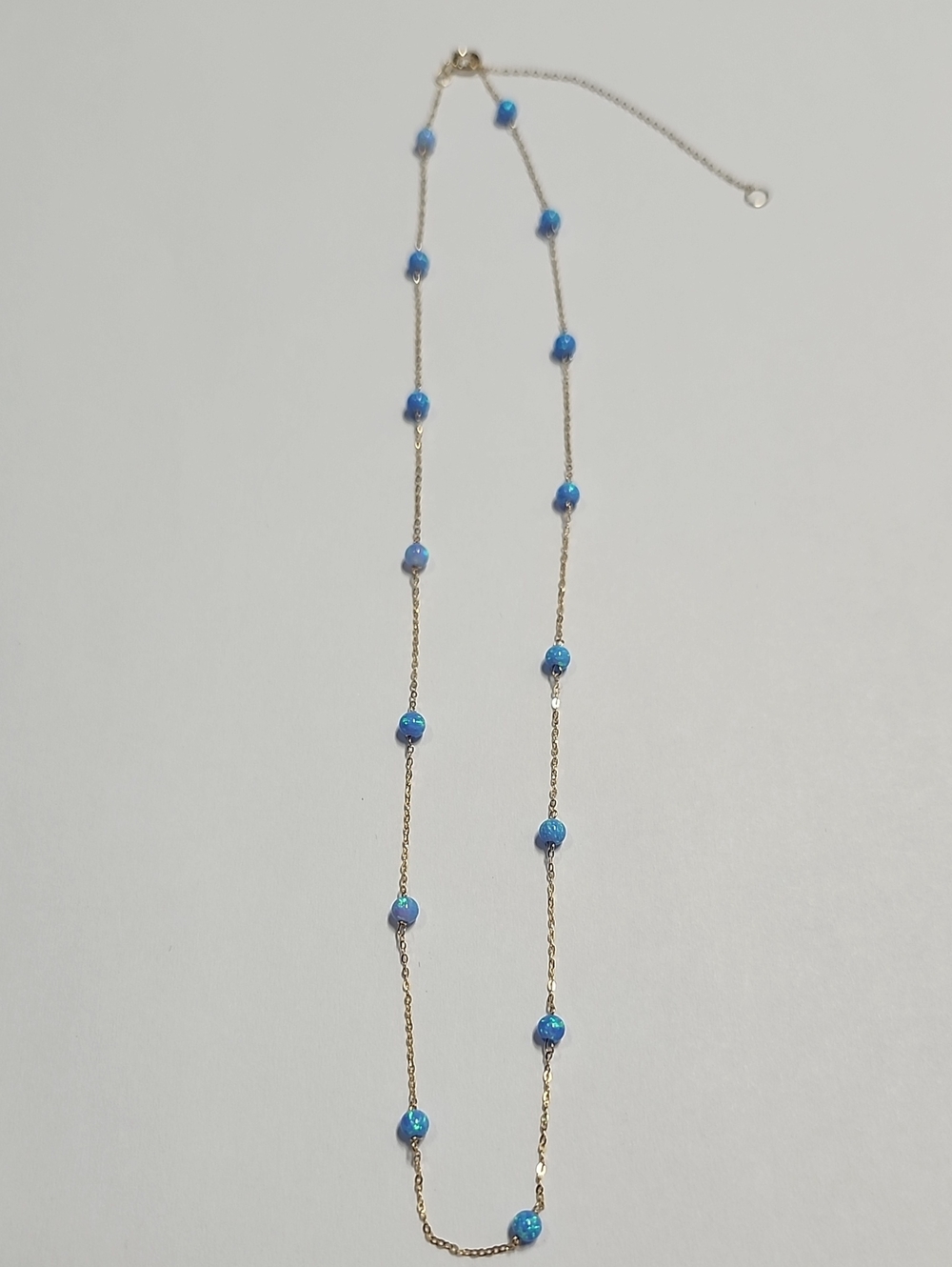 14K Solid Yellow Gold Dainty Chain Station Necklace Genuine Blue Opal Beads
